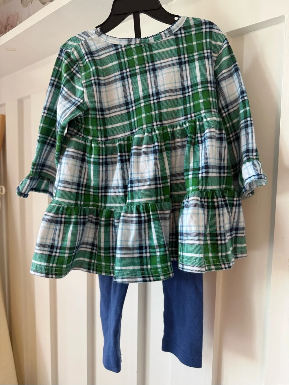 Girls Green Plaid Tiered Tunic Set with Navy Leggings